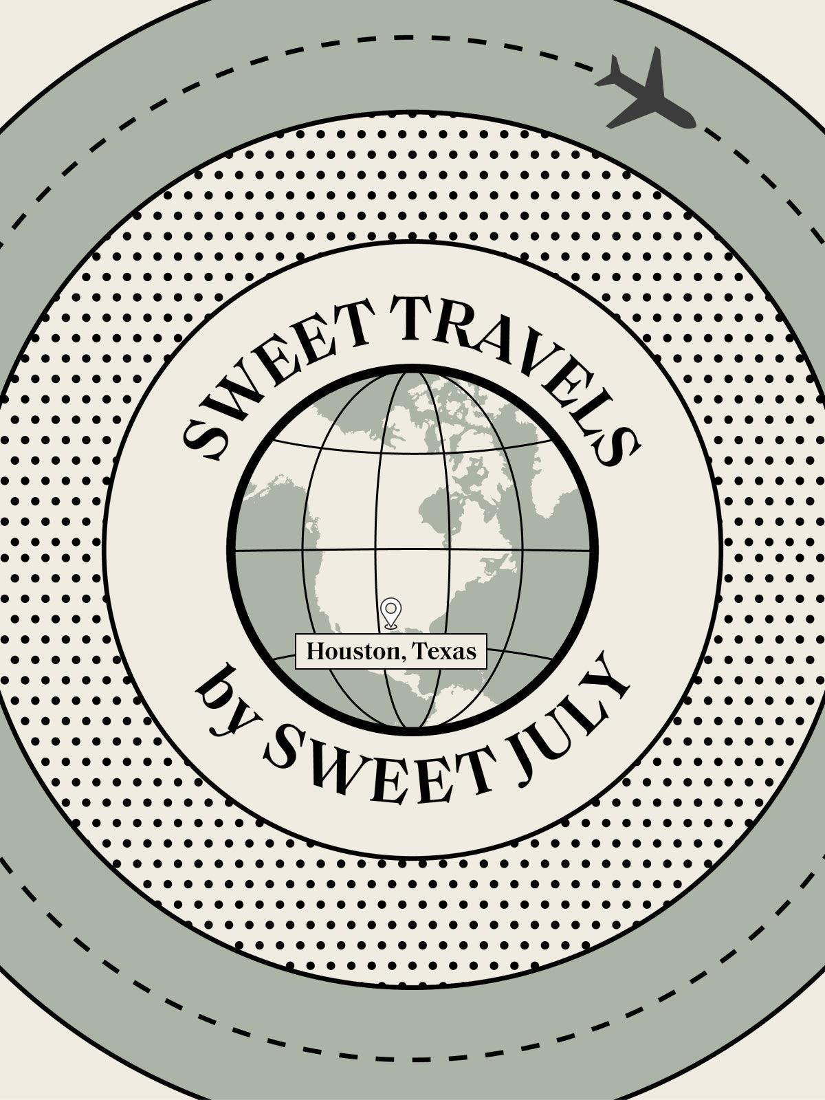 Retro travel graphic featuring a globe pinpointing Houston, circling "Sweet Travels" and an airplane, evoking wanderlust for Curaçao.
