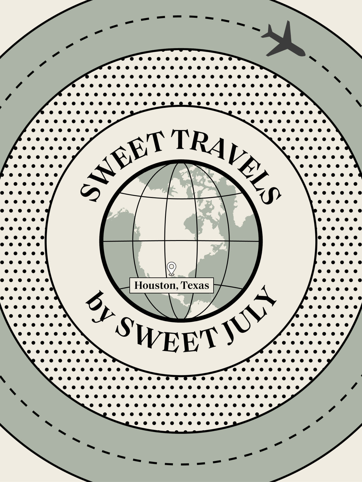 A travel illustration with a globe, airplane, and the words "Sweet Travels by Sweet July" conveying a sense of adventure.
