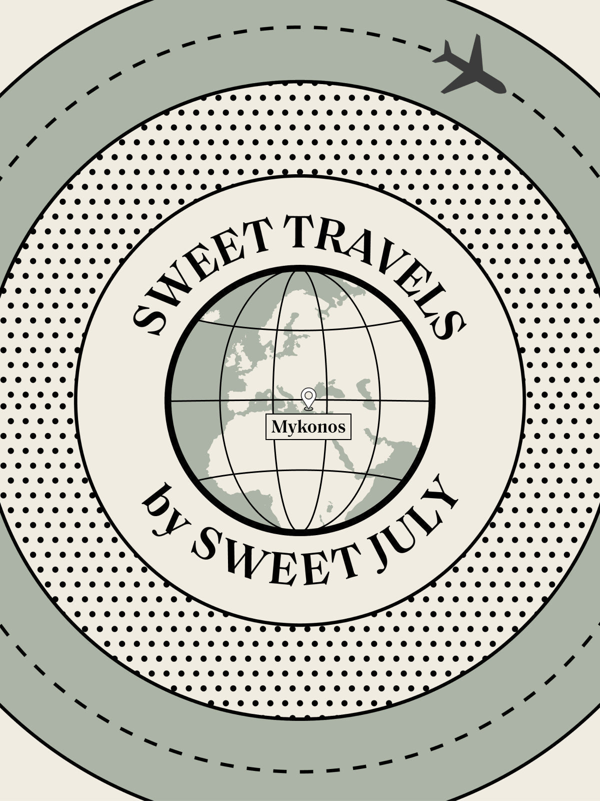 Whimsical travel art featuring a globe pinpointing Mykonos, surrounded by "Sweet Travels by Sweet July" text and a flying plane, evoking excitement for travel.
