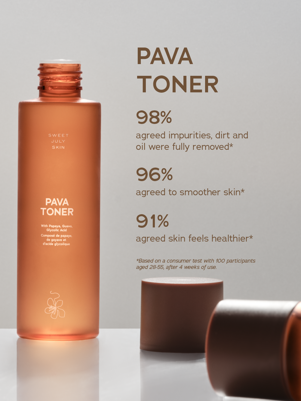 Peach-colored toner by Sweet July Skin, next to the brand's dark brown lid.