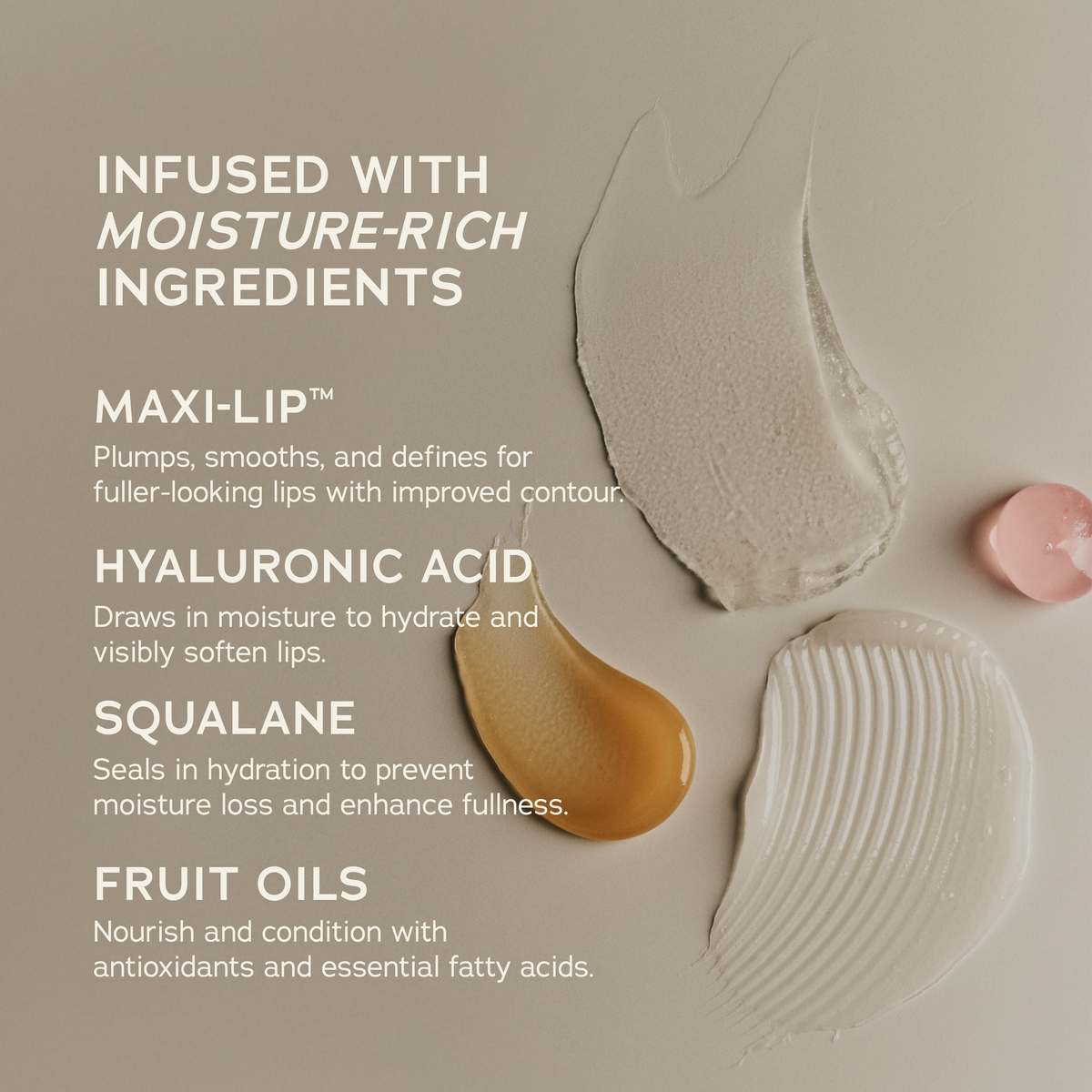 Lip Treatment ingredient panel with texture swatches.