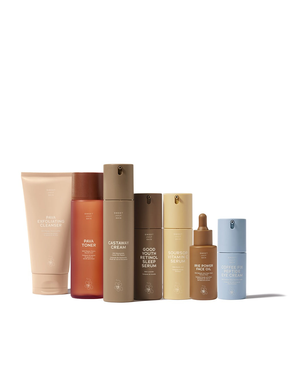 Set of skincare products by Sweet July Skin in various shades of beige, brown, and blue.
