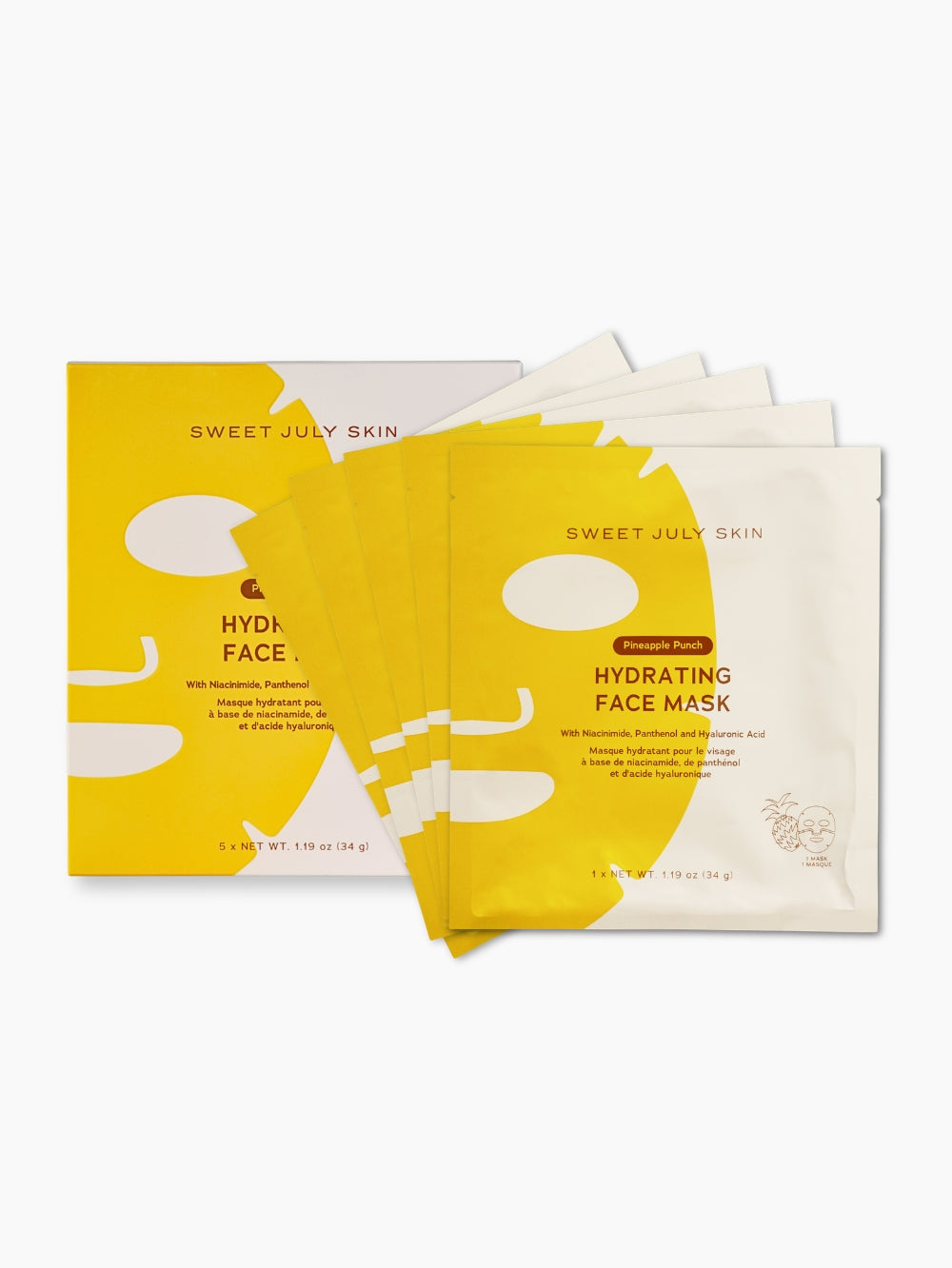 Pineapple Punch Hydrating Face Mask carton with 5 pouches fanned out showing 5 ct per box. 