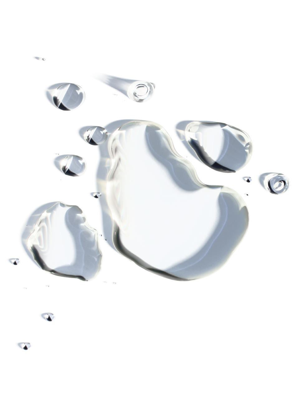 Clear skincare serum by an unspecified brand, shown as droplets on a white surface.