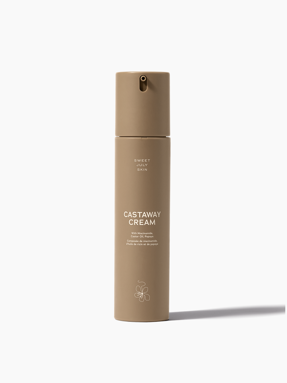 Tan "Castaway Cream" daily moisturizer by Sweet July Skin, with a dispensing pump top and floral detail.