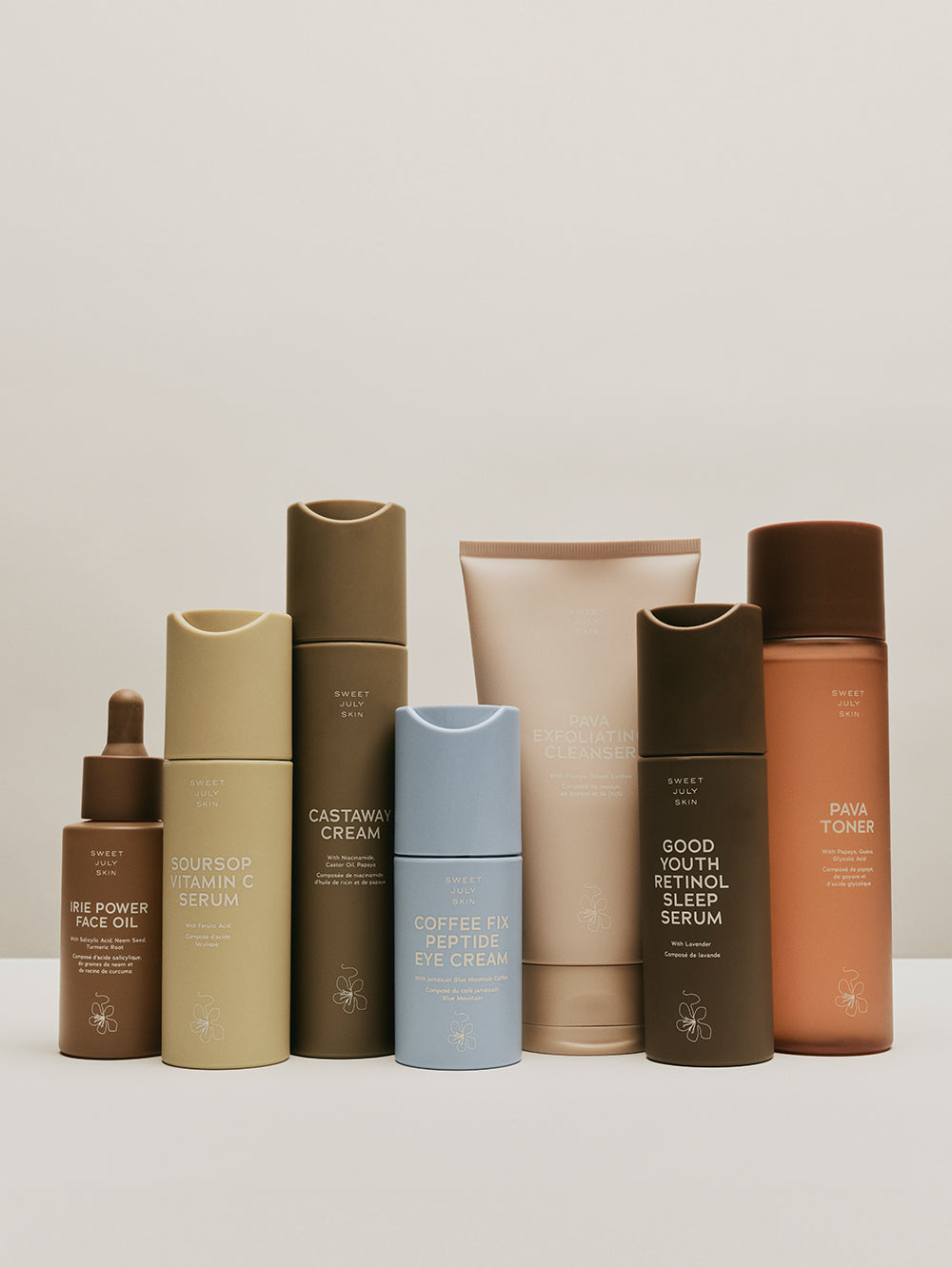 Set of skincare products by Sweet July Skin in various sized containers.