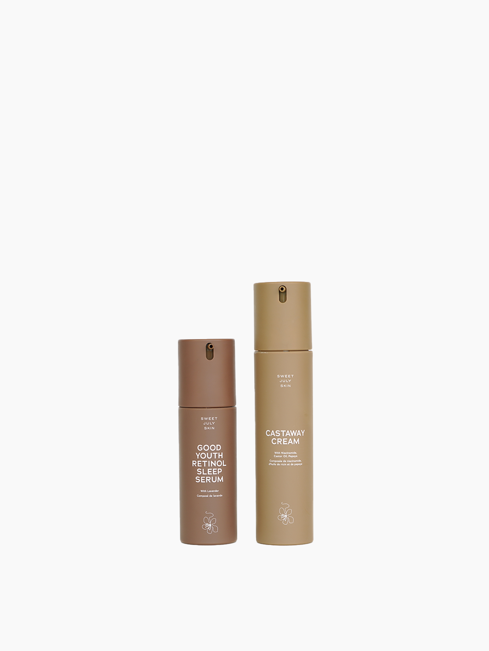 Nighttime Essentials Set by Sweet July Skin, featuring a serum and a cream in neutral-colored bottles.