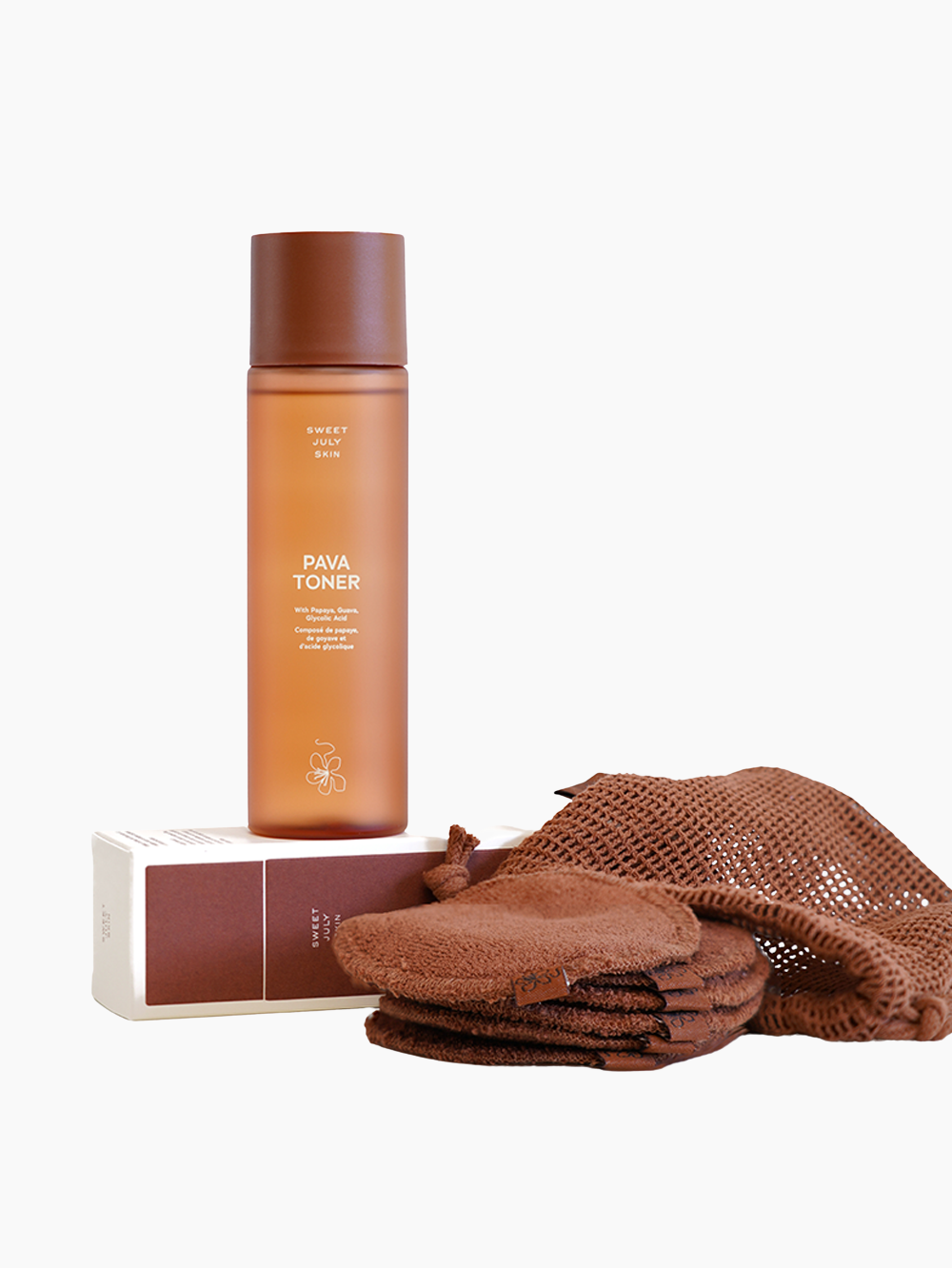 Pava toner by Sweet July Skin, with reusable brown cotton rounds in a matching mesh bag.
