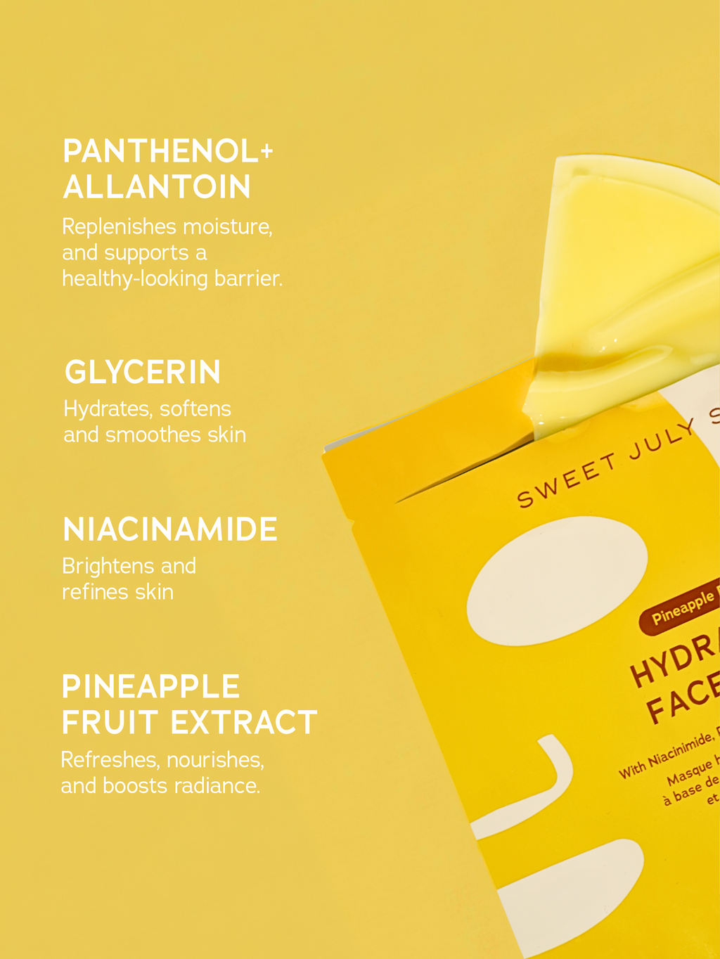 Pineapple Punch Hydrating Face Mask Ingredients featuring Panthenol, Allantoin, Glycerin, Niacinamide, and Pineapple Fruit Extract