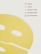Face Mask laid flat with text showing product is vegan, clean, cruelty free, paraben free and silicone free