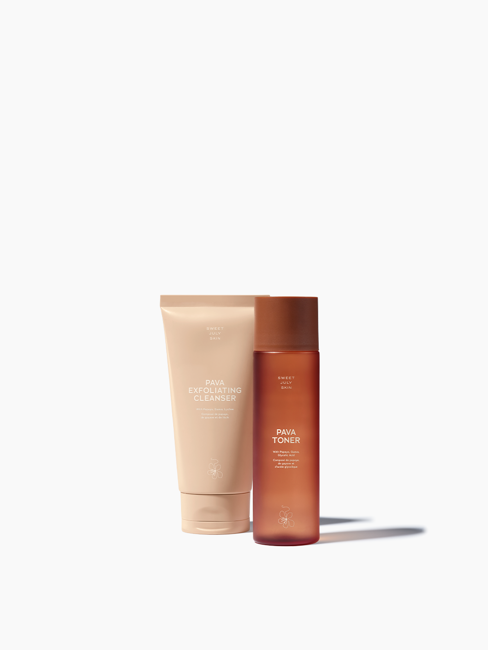 Skincare duo by Sweet July Skin comprising an exfoliating cleanser and a toner in matching containers.