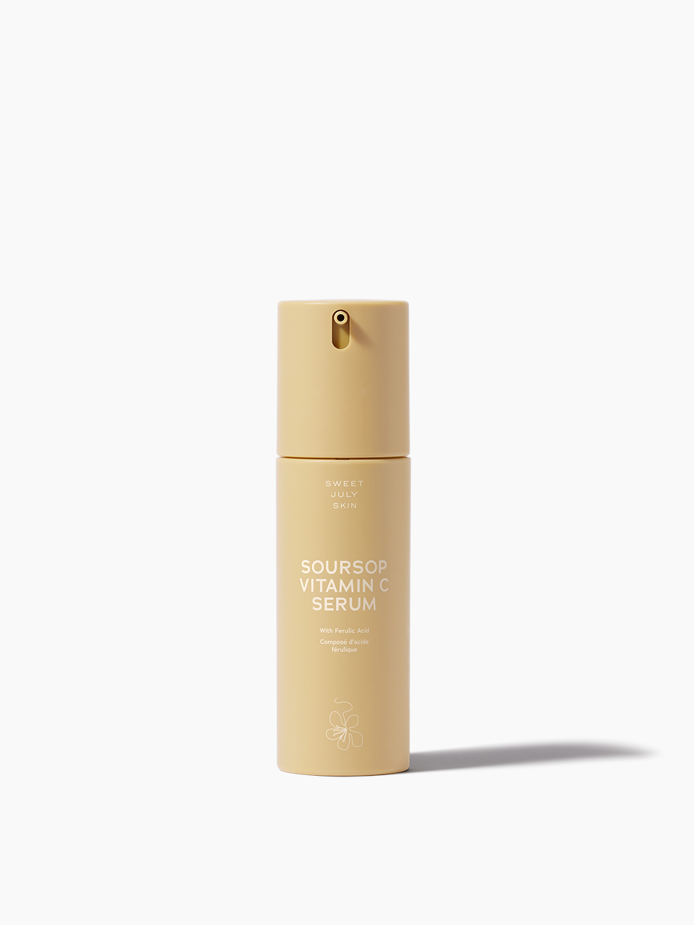 Beige Soursop Vitamin C serum by Sweet July Skin with pump dispenser and shadow on white background.