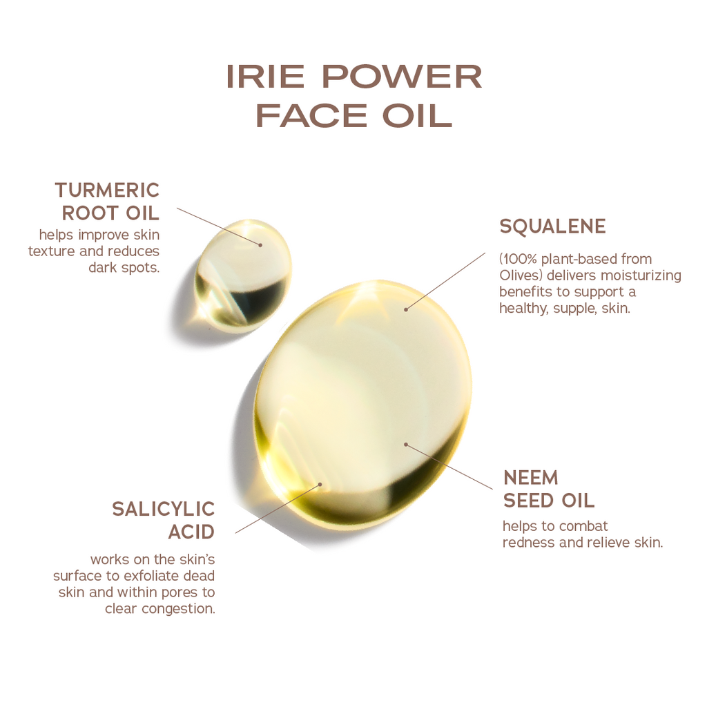 Irie Power Face Oil by Sweet July Skin showing main ingredients and benefits with droplets of oil.