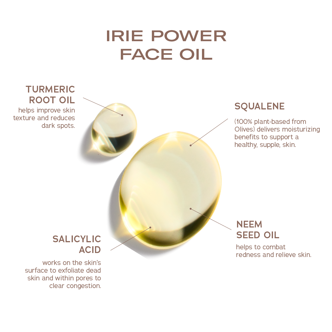 Irie Power Face Oil by Sweet July Skin showing main ingredients and benefits with droplets of oil.