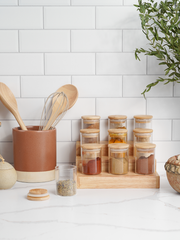 Wood Spice Rack & Glass Spice Jar Set